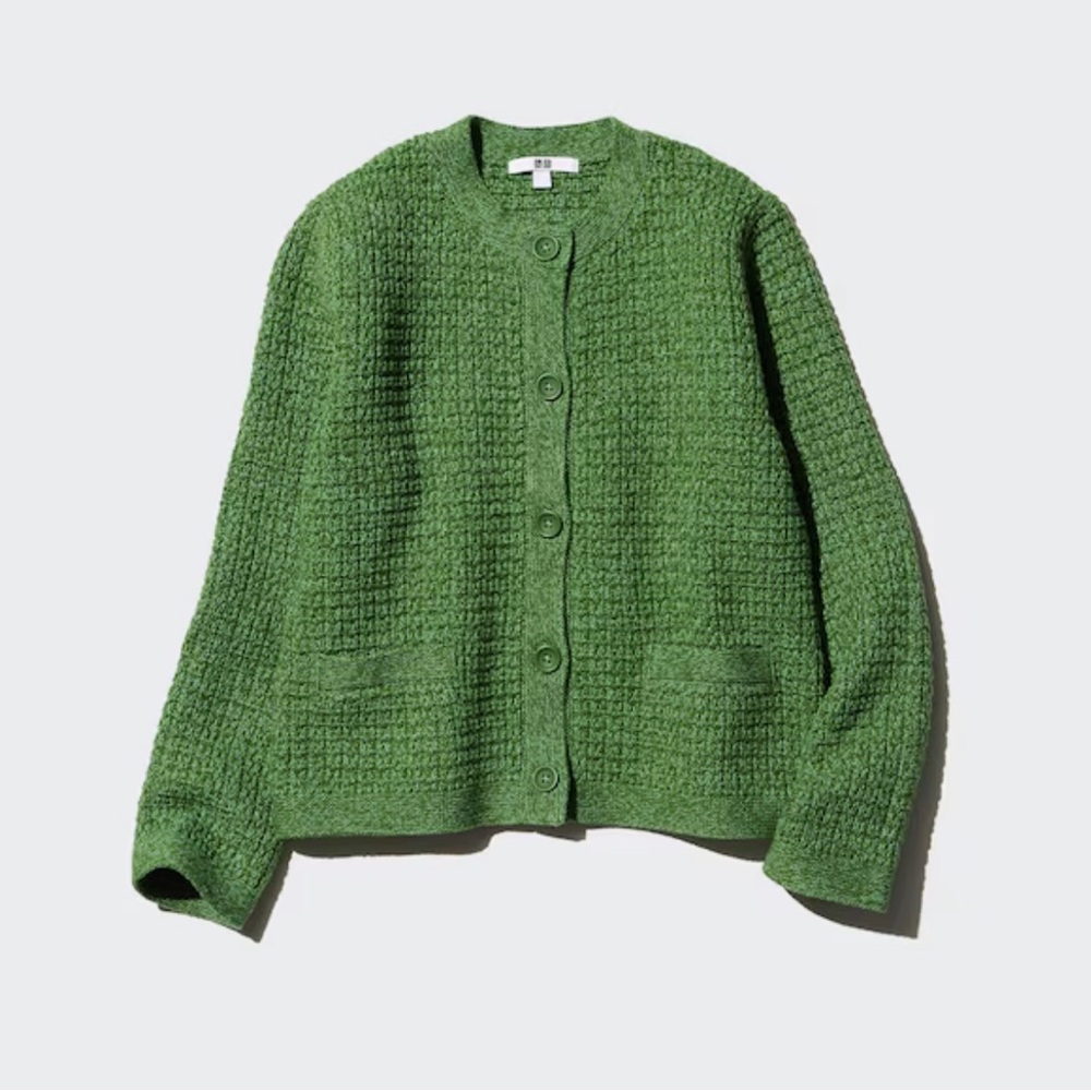 Uniqlo textured knit cardigan in bright grass green for spring!